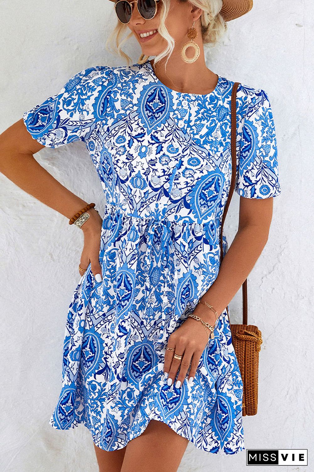 Bubble Sleeves Paisley Print High Waist Dress