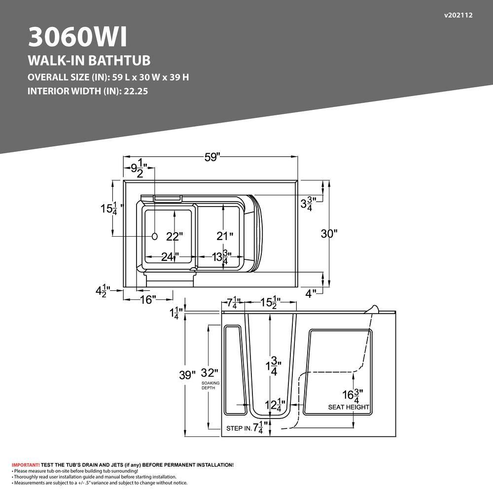 Universal Tubs HD Series 60 in. Left Drain Quick Fill Walk-In Whirlpool Bath Tub with Powered Fast Drain in White HD3060WILWH