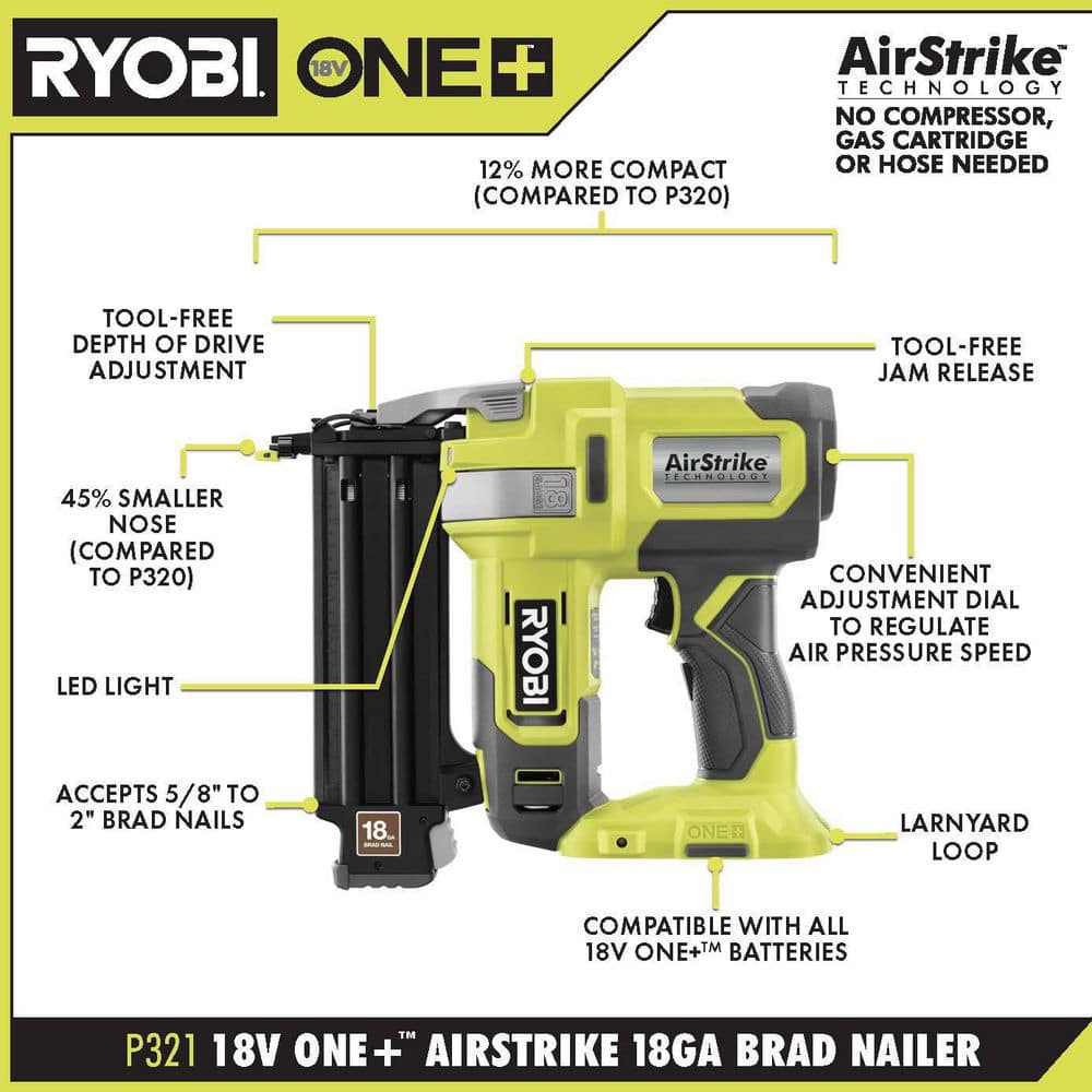 RYOBI ONE+ 18V 18-Gauge Cordless AirStrike Brad Nailer with 1.5 Ah Battery and Charger P321KN