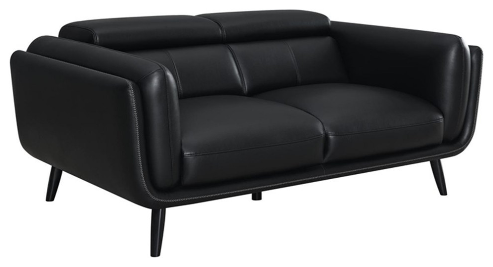 Coaster Shania Faux Leather Track Arms Loveseat with Tapered Legs in Black   Midcentury   Loveseats   by Homesquare  Houzz