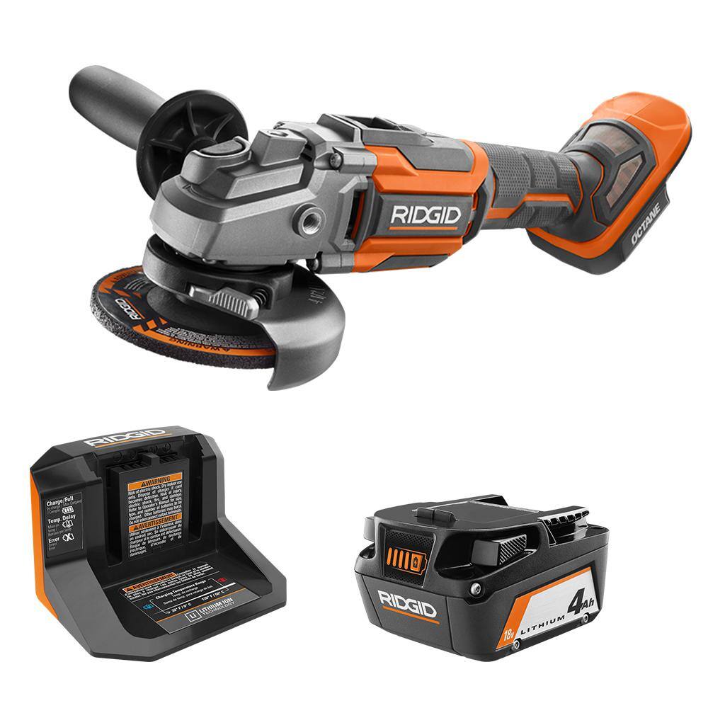 RIDGID 18V Brushless Cordless 4.5 in. Angle Grinder Kit wGrinding Disc Cut-Off Wheel 4.0 Ah Battery and Charger R86042KSBN