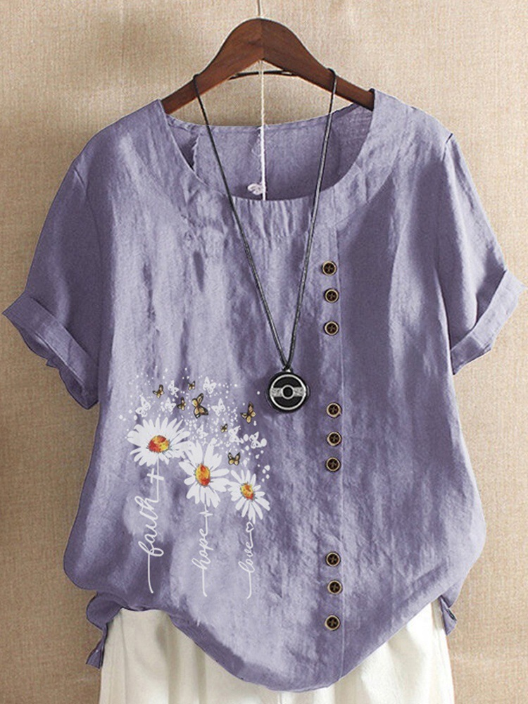 Round Neck Casual Loose Marguerite Flower Print Short Sleeve Blouse