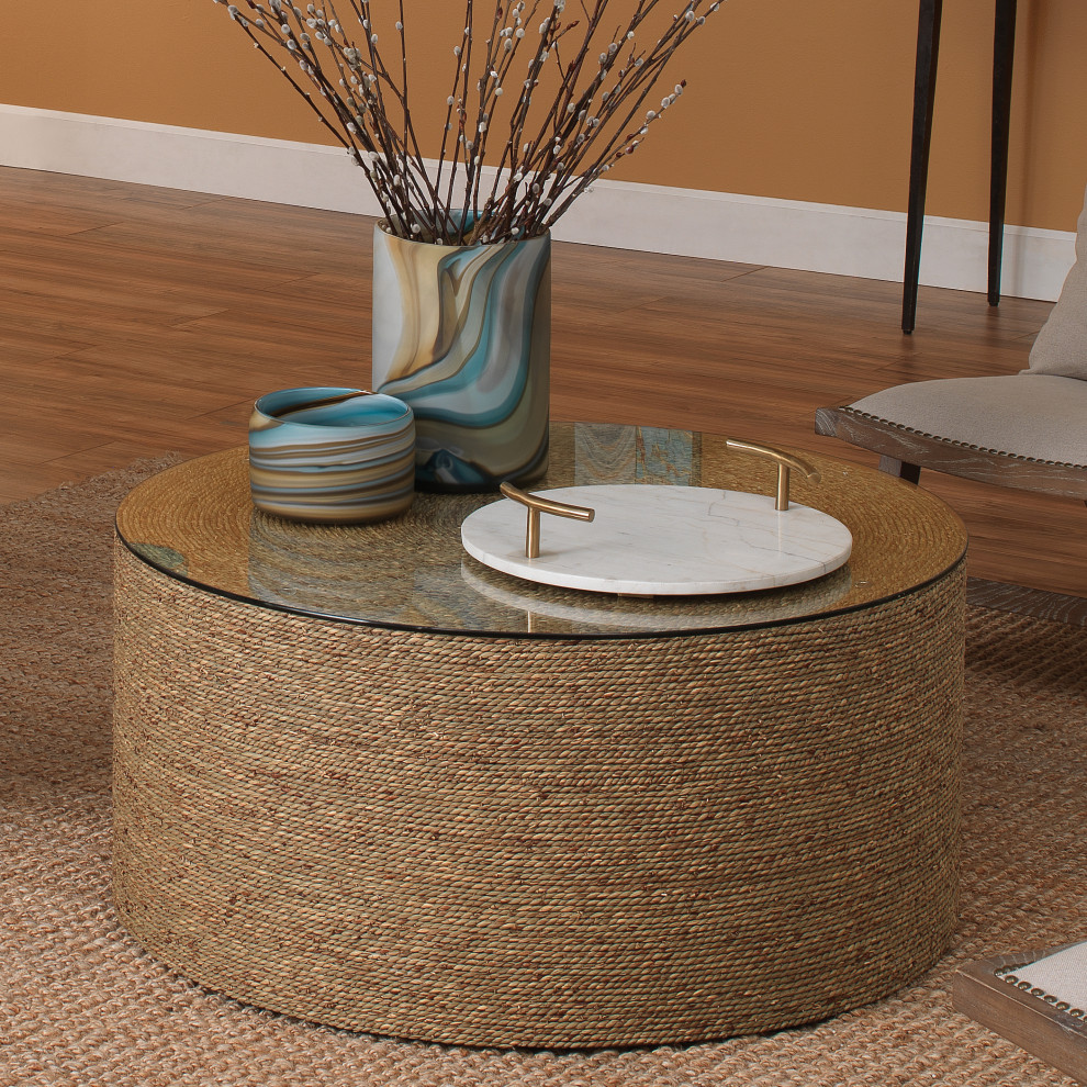 Harbor Coffee Table  Natural Seagrass With Tempered Glass Top   Beach Style   Coffee Tables   by HedgeApple  Houzz