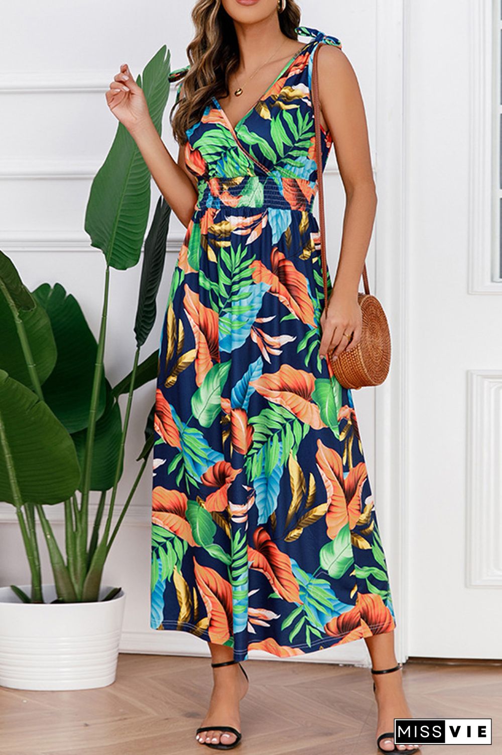 Palm Leaf Print Sleeveless Long Dress