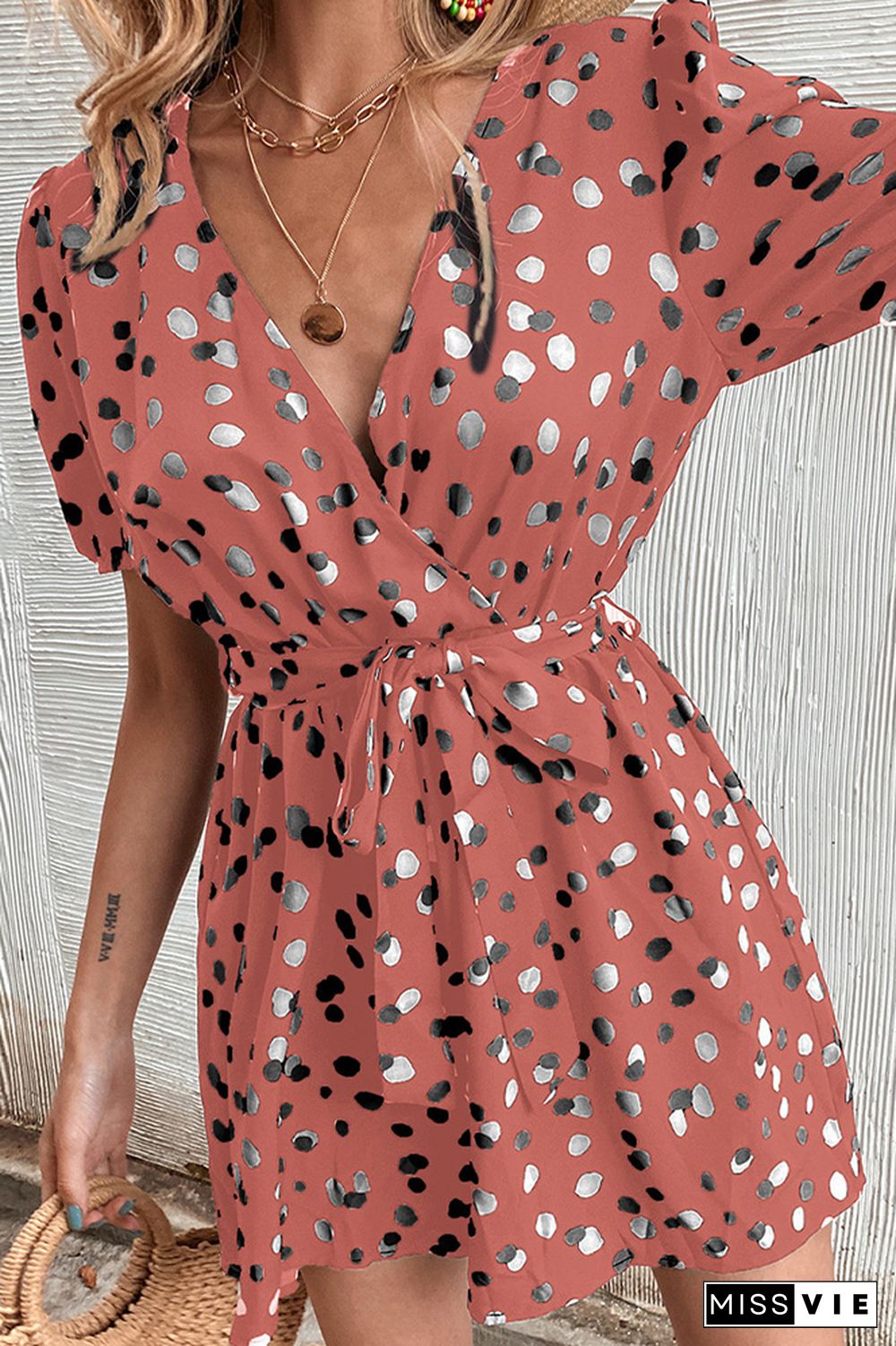 Wrap V Neck Spot Print Romper With Sash