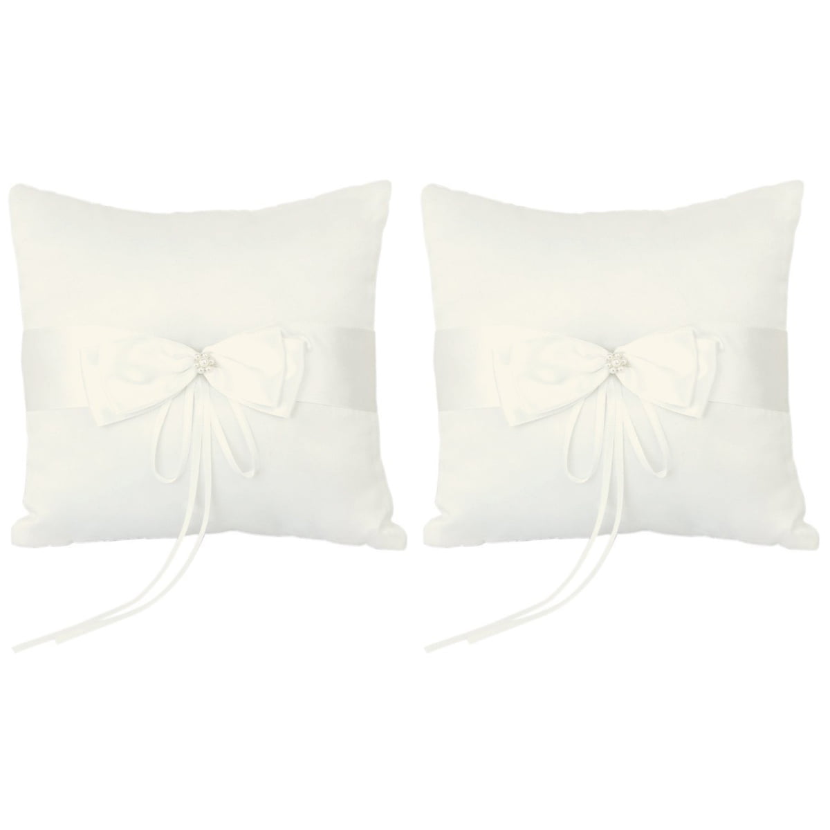 NICEXMAS 2pcs 10*10cm Wedding Ceremony Ring Bearer Pillow Cushion with Satin Double Bowknot Flower Faux Pearl (Ivory)