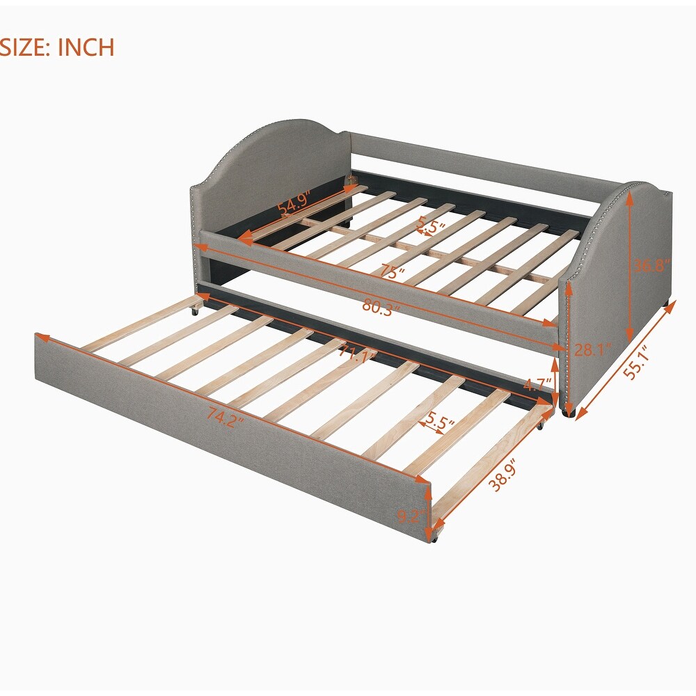 Full size Grey Upholstered Daybed with Twin Size Trundle