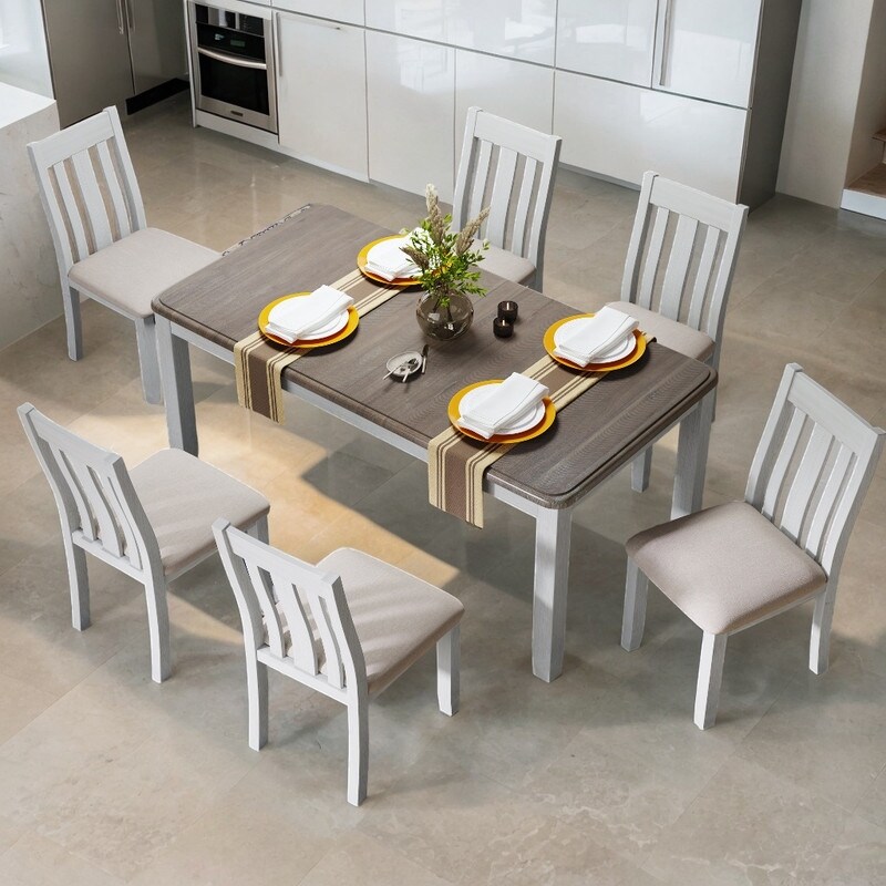 7 Piece Retro Style Dining Table Set with Extendable Table and 6 Upholstered Chairs  Brown+White