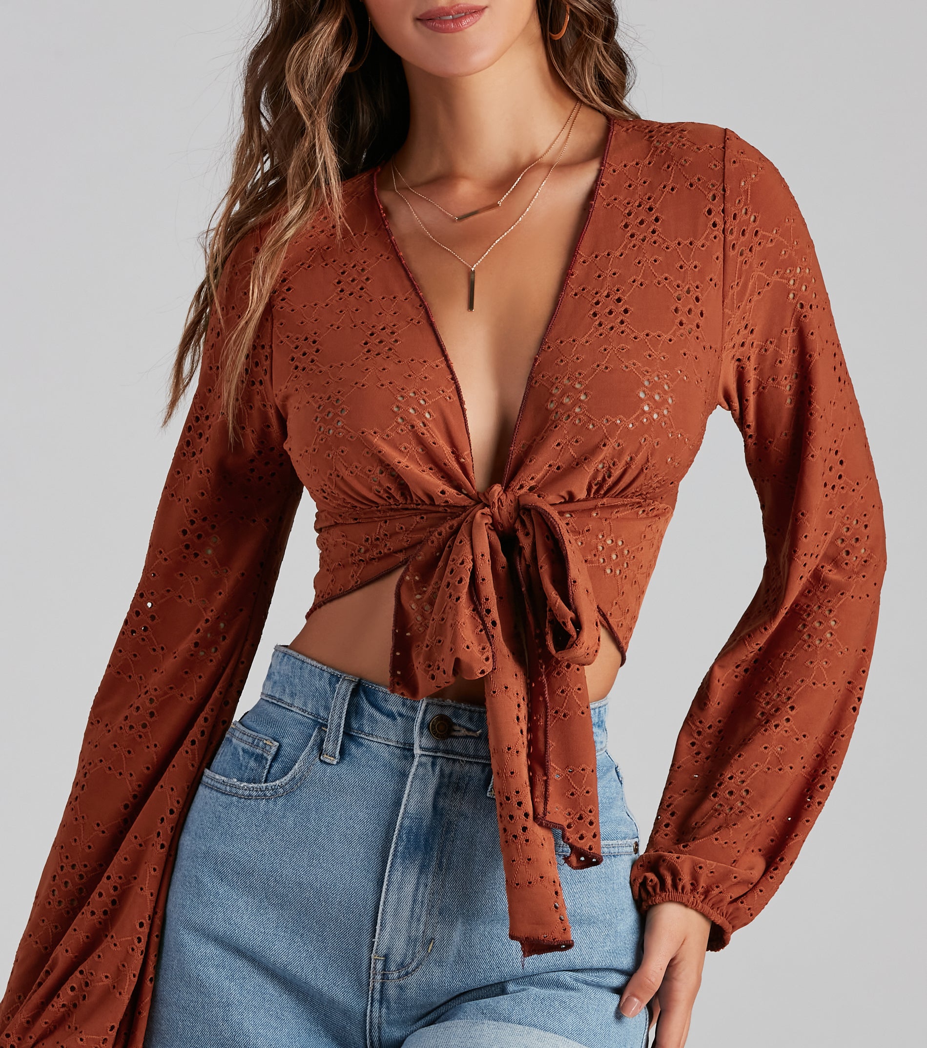 Sweetest Frame Eyelet Tie-Front Top