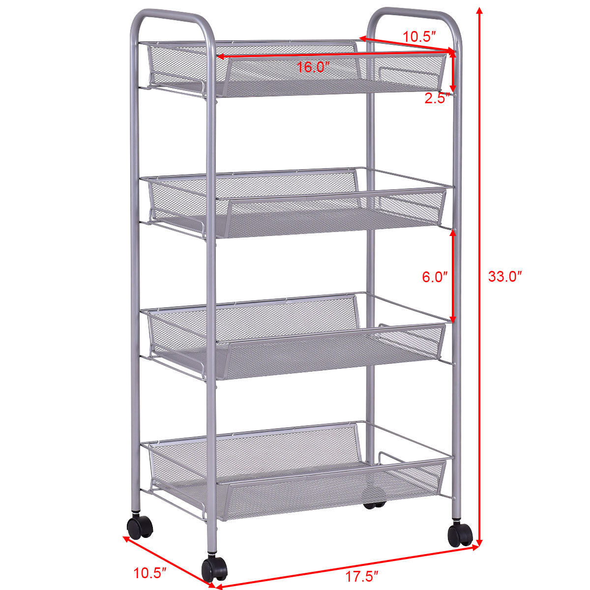 Costway 4 Tier Storage Rack Trolley Cart Home Kitchen Organizer Utility Baskets Silver Steel