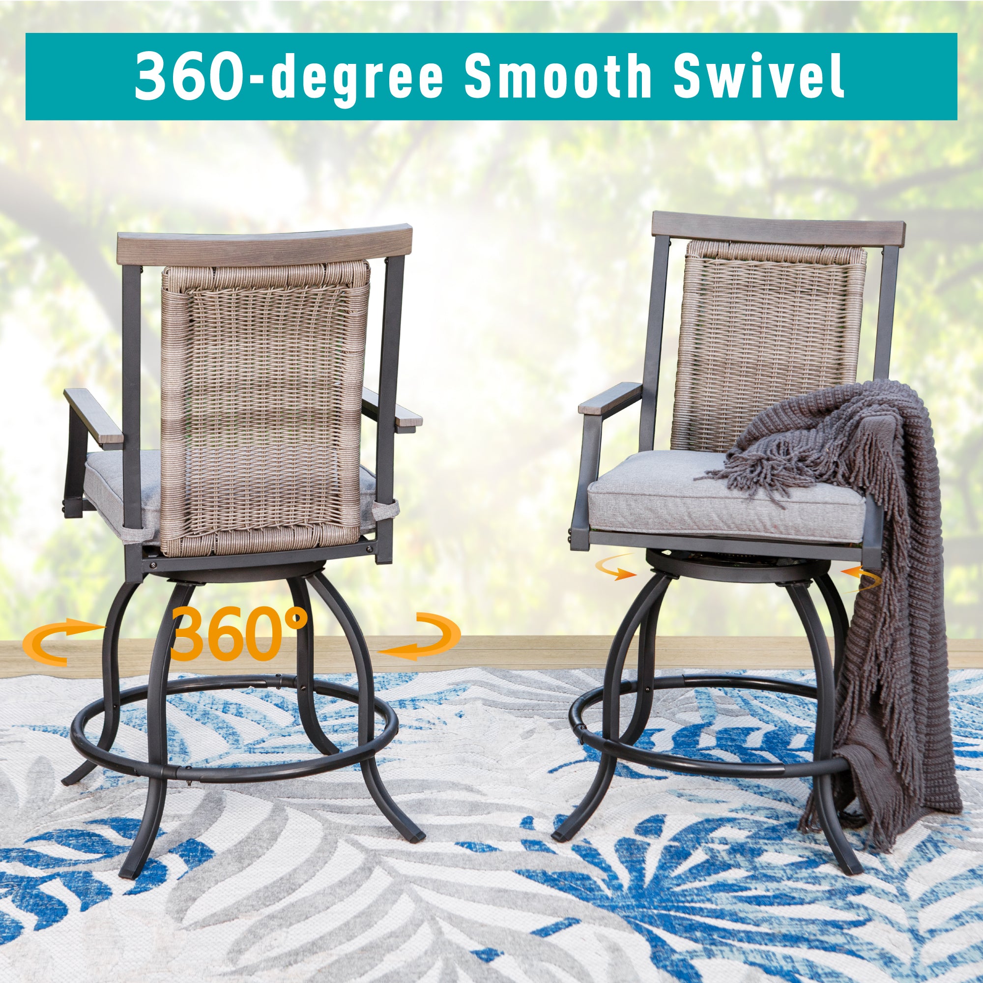 Sophia and William 3 Pieces Swivel Bar Set Rattan Backrest and Padded Cushion Bar Chair and Square Metal Table