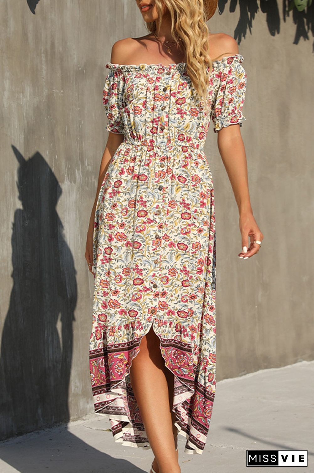 Off Shoulder Floral Print Loose Midi Dress Wholesale