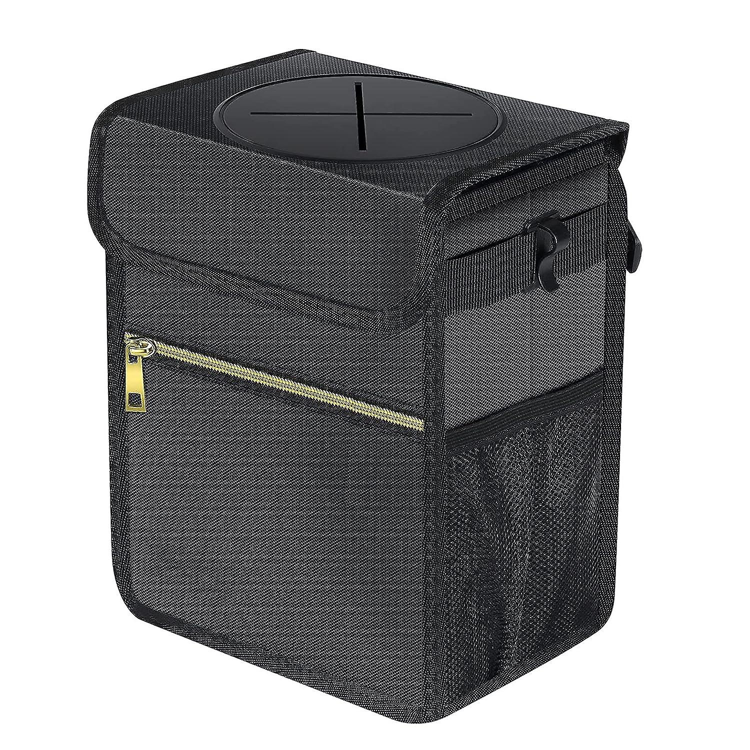 Car Trash Can， 100% Leak-proof Waterproof Car Garbage Can With Lid Portable Collapsible Auto Trash Bin With Zipper and Mesh Storage Pocket Multipurpose