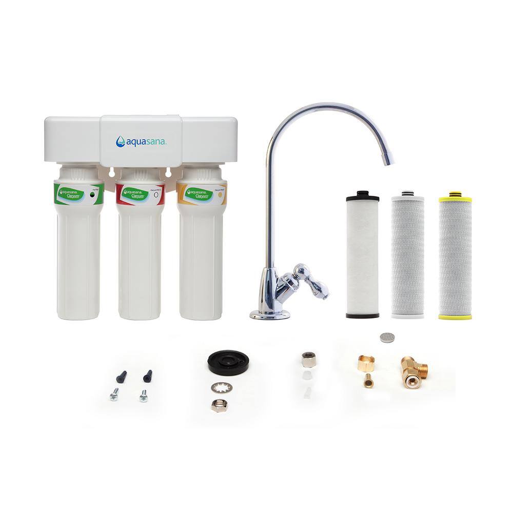 Aquasana 3-Stage Max Flow Under Counter Water Filtration System with Faucet in Brushed Nickel THD-5300+.55