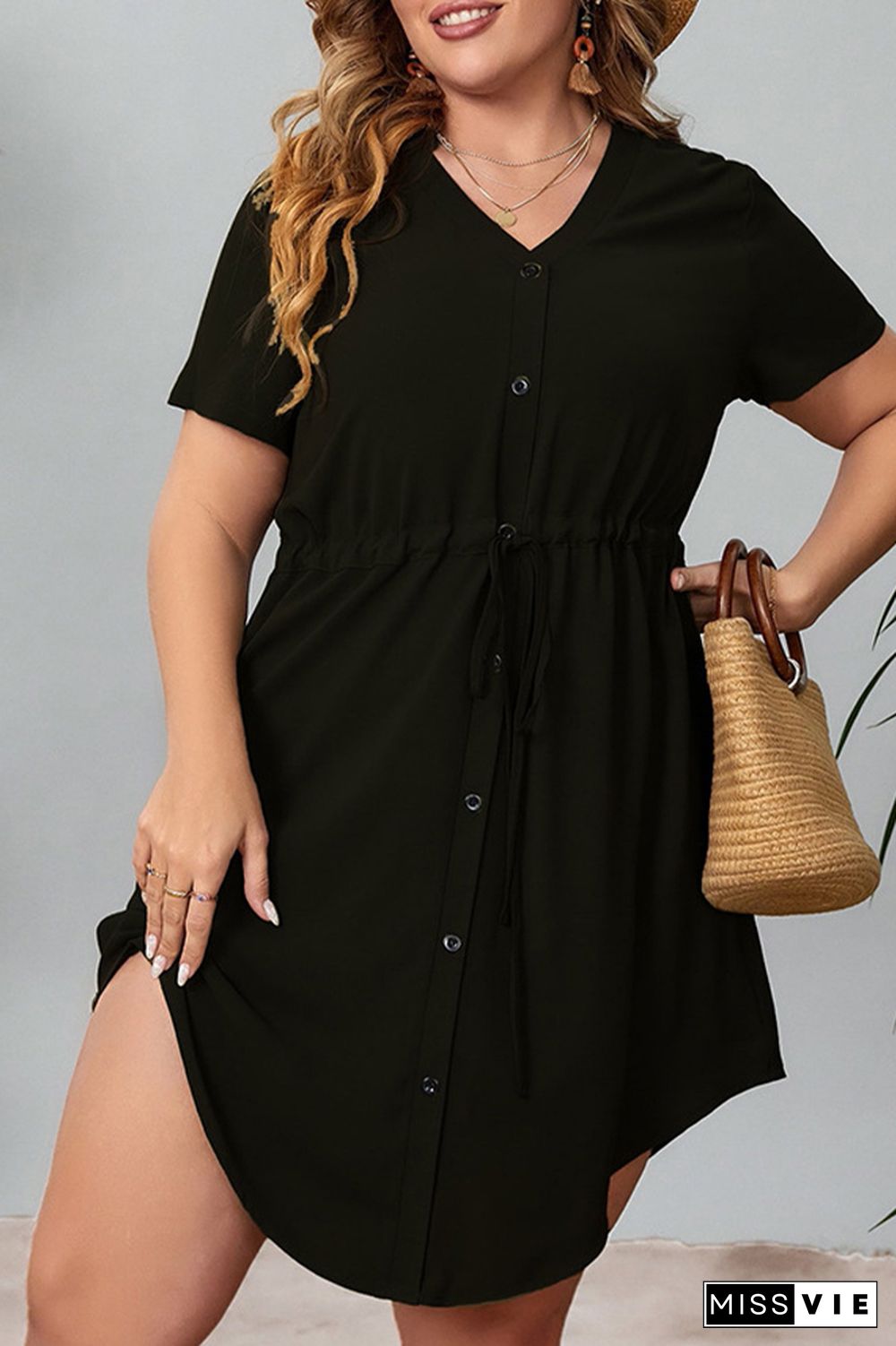 Plus Size Drawstring Elastic Waist Irregular Hem Dress Wholesale