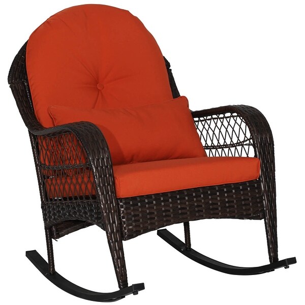 Costway Patio Wicker Rocking Chair W/Seat Back Cushions and Lumbar