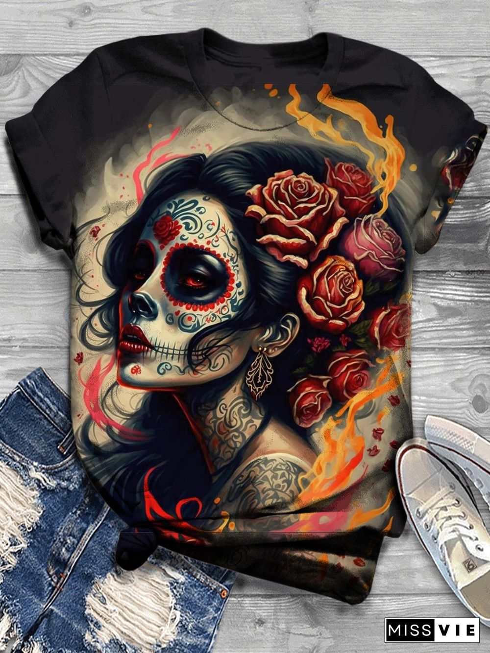 Day of the Dead Women Printed Crew Neck T-Shirt