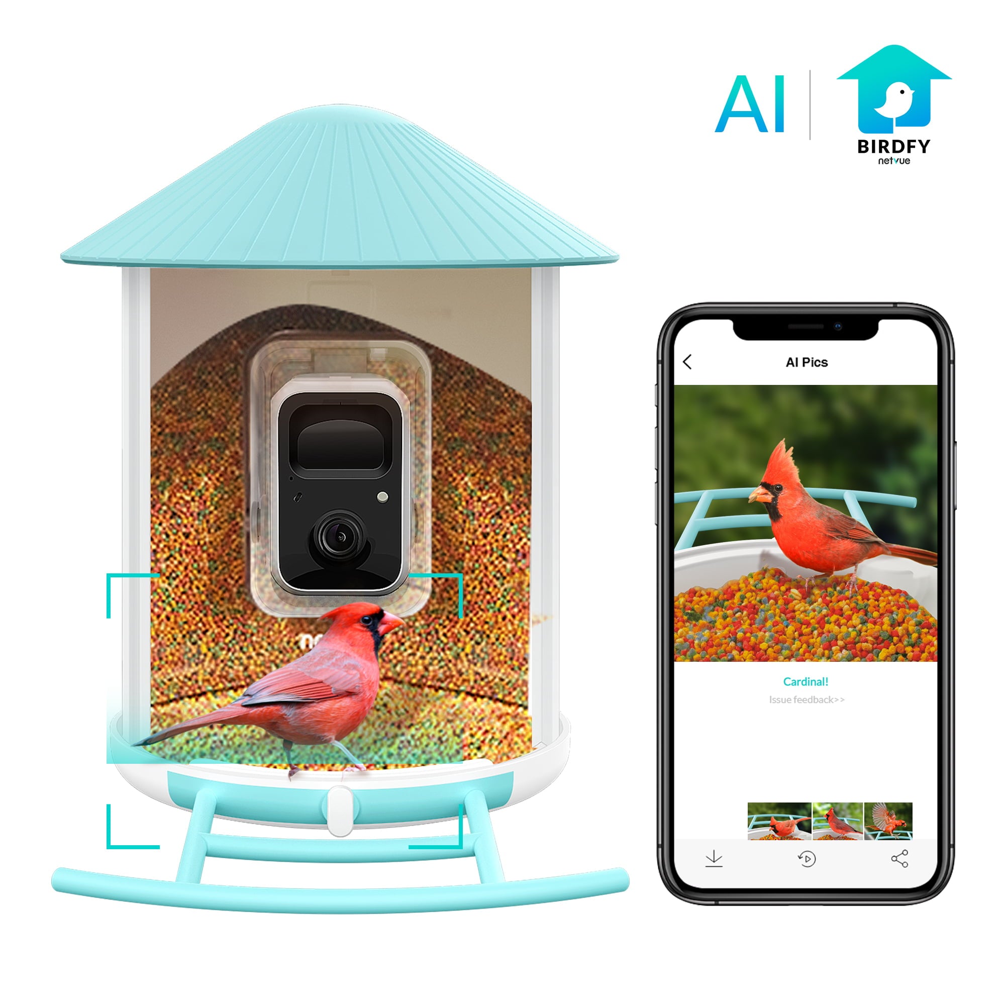 Bird Feeder Camera Outdoor Netvue Birdfy Smart Bird Feeder for Bird Watching， Capture Images/videos with APP Notification AI Recognition， Bird Gift for Mother's Day (Birdfy AI)