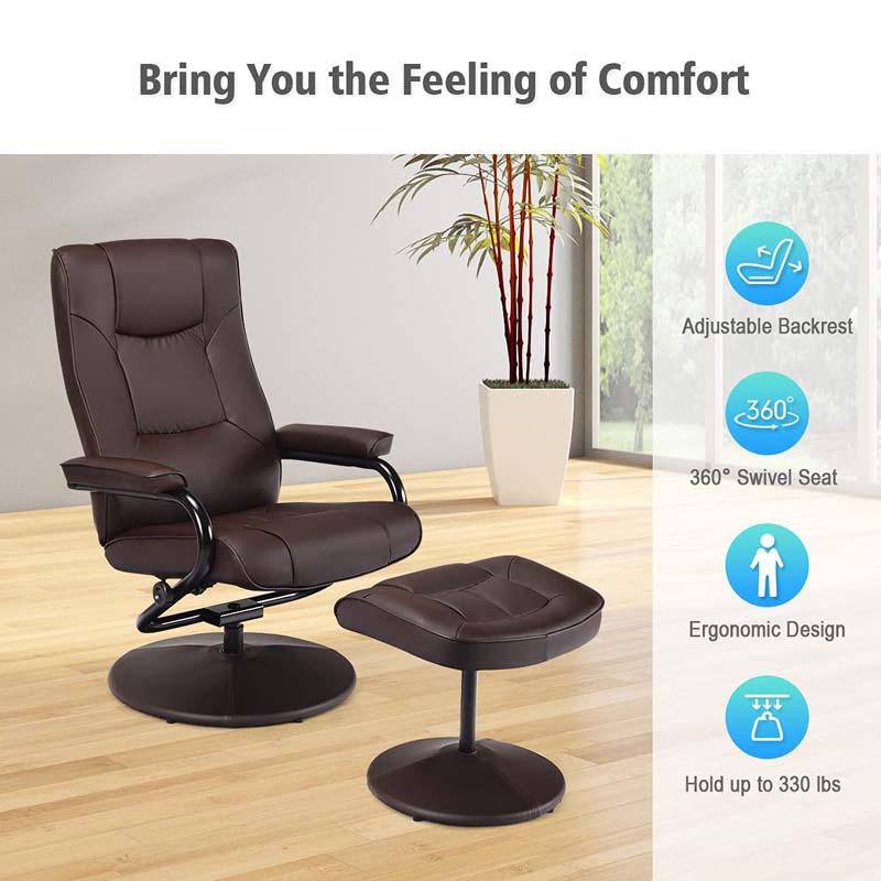 360 Degree Swivel Recliner Chair w/Ottoman & Footrest, PU Leather Lounge Chair Armchair for Living Room