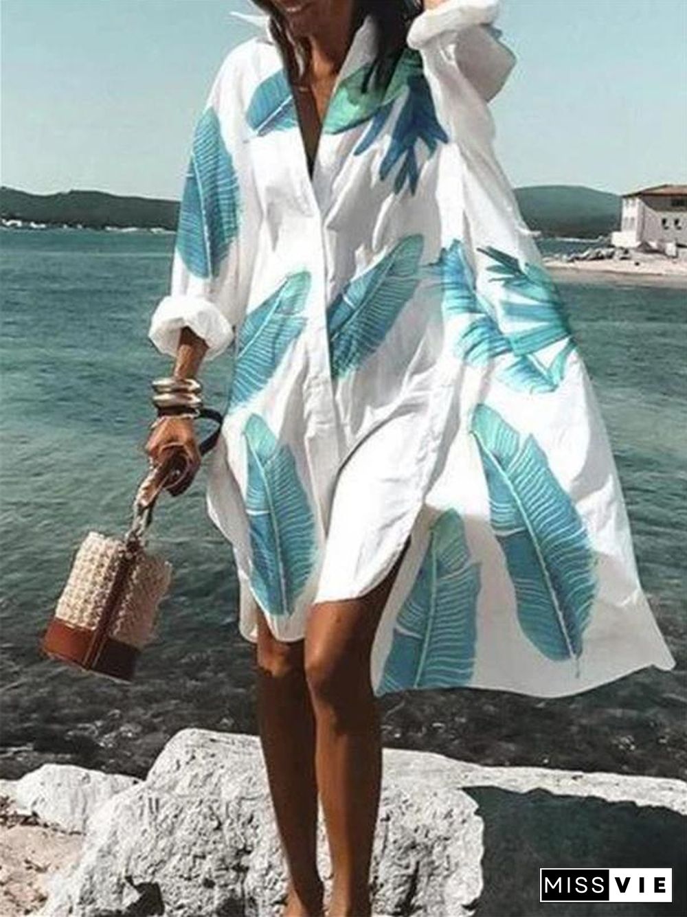 White Lapel Casual Printed Shirt Dress