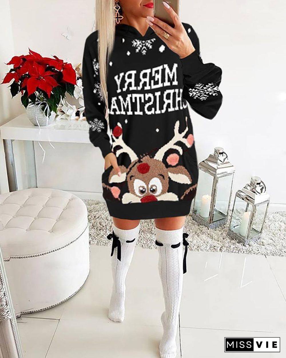 Christmas Moose Letter Print Dress P10811