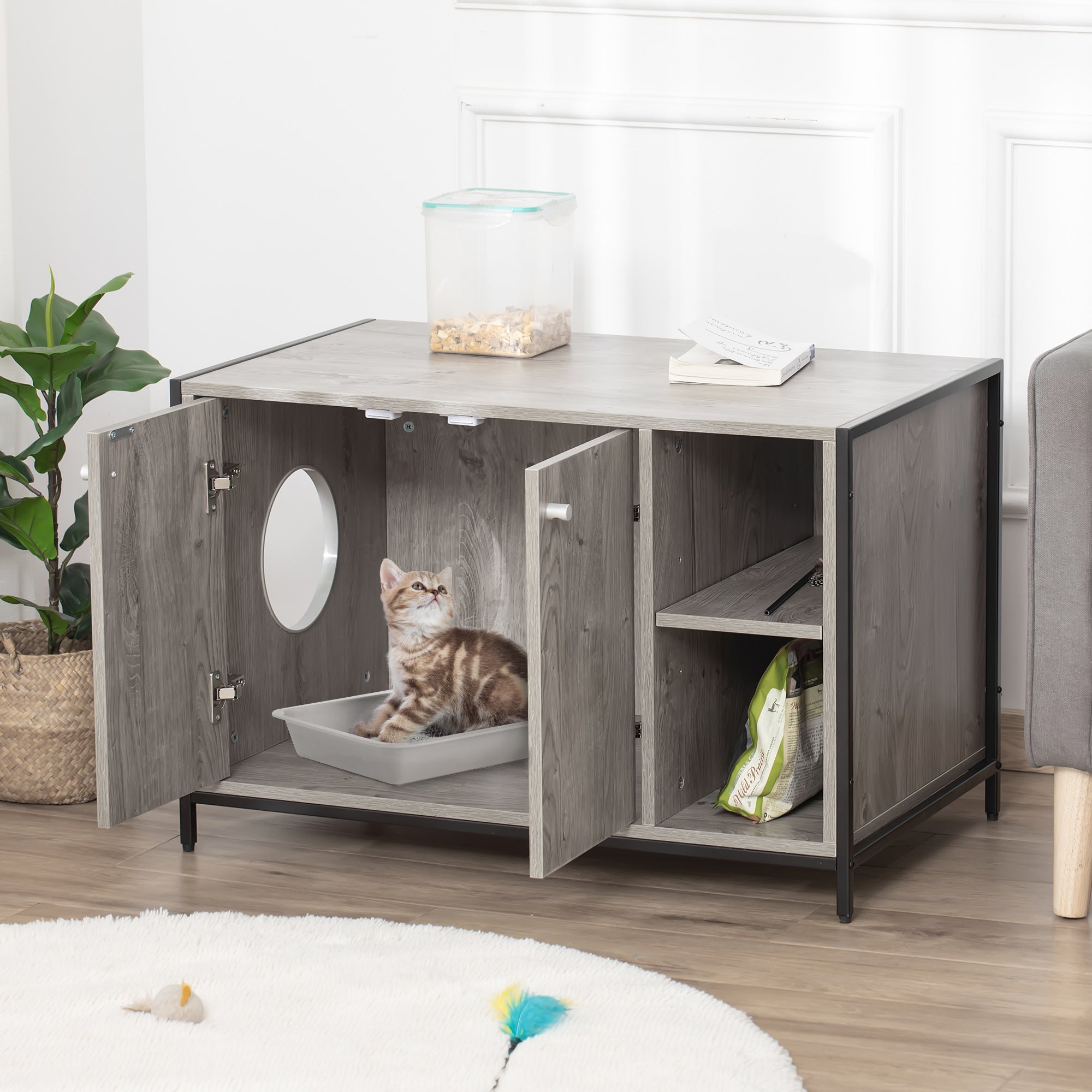 PawHut Cat Litter Box Enclosure Hidden Adjustable Cat Furniture w/ Damping Hinge