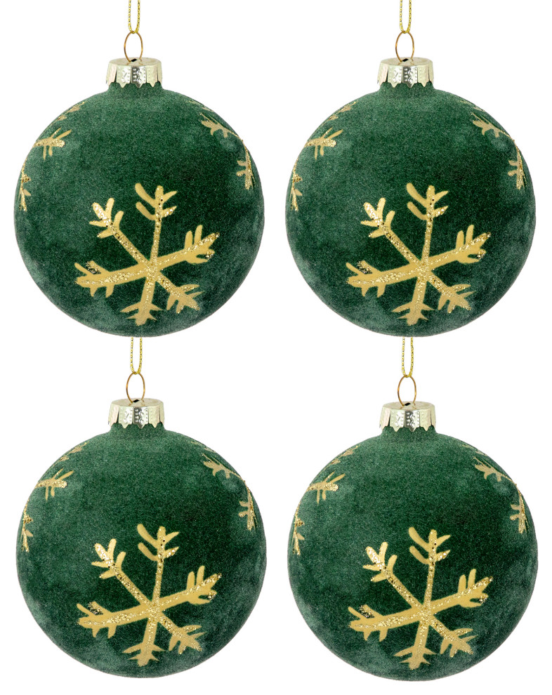 4ct Green Flocked Glass Ball Christmas Ornaments with Gold Snowflakes 3 quot  Modern   Christmas Ornaments   by Northlight Seasonal  Houzz