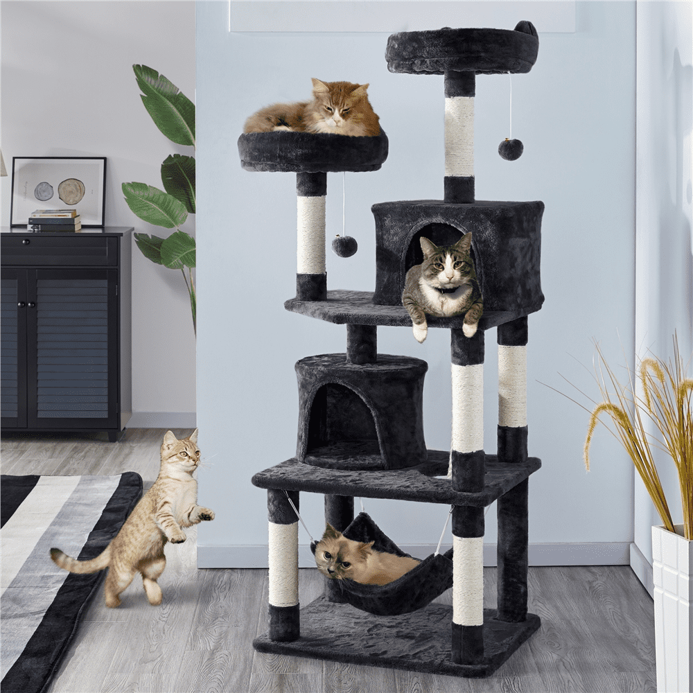 SMILE MART 62.2" Double Condos Cat Tree and Scratching Post Tower, Black