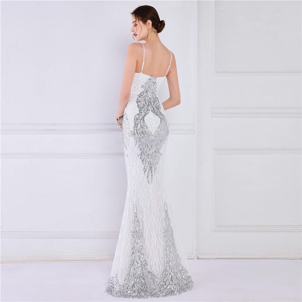 Wings Pattern Sequin Mesh Strappy Gown