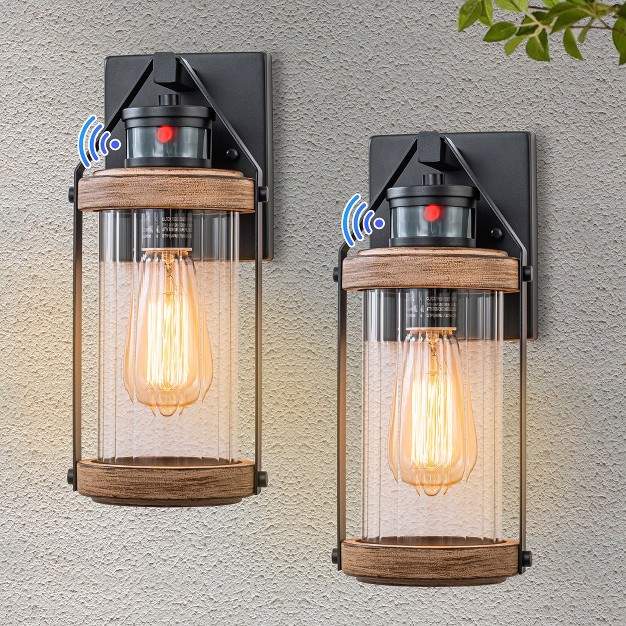 C Cattleya Black And Woodgrain Motion Sensing Dusk To Dawn Outdoor Wall Lantern Sconces 2 pack