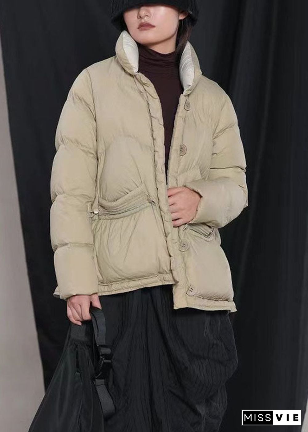 Luxury Beige Pockets Button Cinched Winter Duck Down Coat