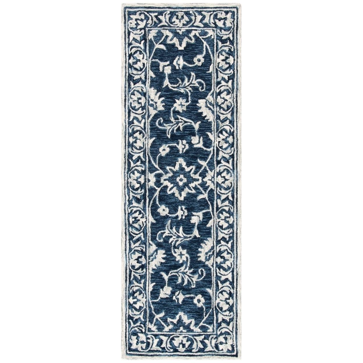 SAFAVIEH Micro-Loop Kevin Floral Area Rug， Navy/Taupe， 5and#8242; x 5and#8242; Square