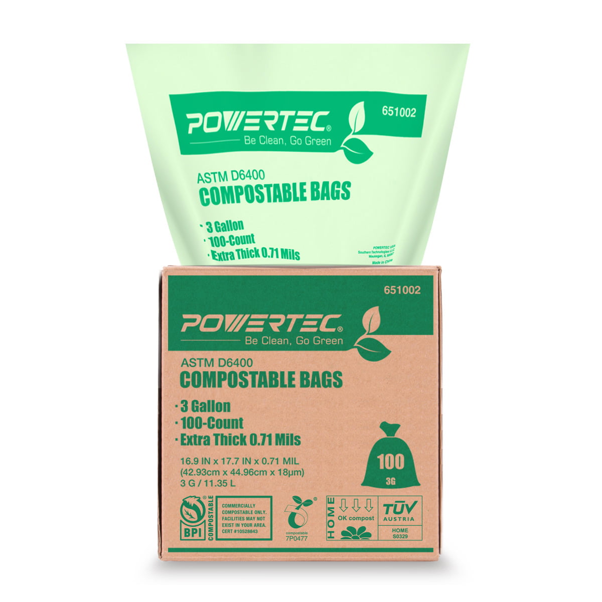 POWERTEC 100 Count, 3 Gallon Compostable Trash Bags, 11.4 Liter, Extra Thick (0.71 Mil), Kitchen Scrap Waste Bag, ASTM D6400 and Europe Certified (651002)