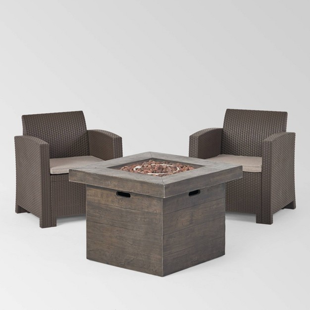 Bedrock 3pc Faux Wicker Chat Set With Fire Pit Brown beige Christopher Knight Home