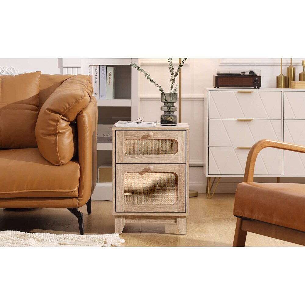 Rattan Nightstand with Charging Station  Boho Side Table with Handmade Rattan Decorated Drawer and Door