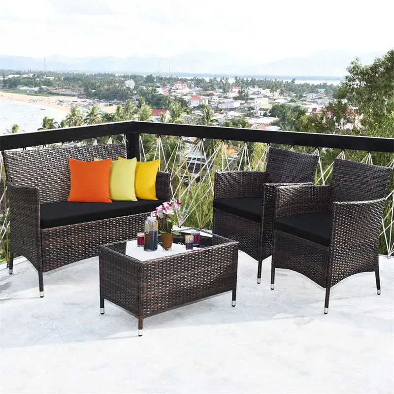 4 Pcs Outdoor Rattan Patio Conversation Set Wicker Furniture Set with Coffee Table and Cushioned Sofas