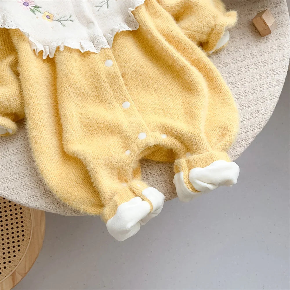 2023 Winter Infant Baby Girls Cute One-pieces Kids Ruched Embroidery Flower Thick Plush Warm Jumpsuits , Newborn Romper 0-24M