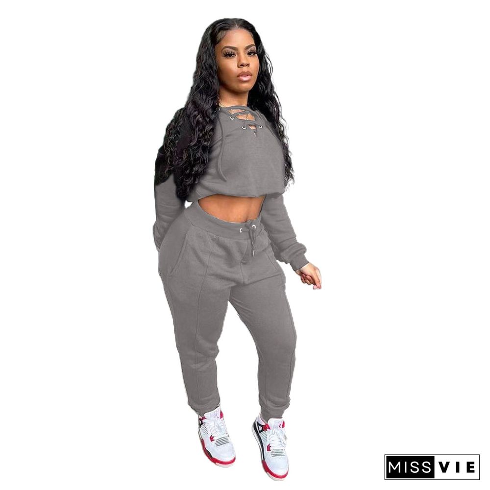 Long Sleeve Bandage Crop Top Sweatpants Set