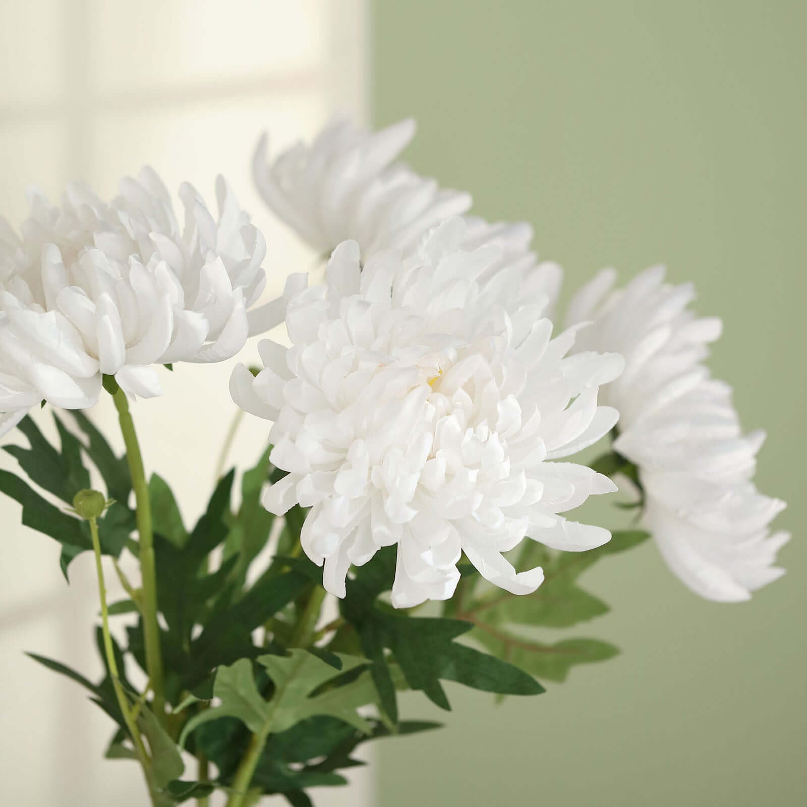 3 Stems White Artificial Silk Chrysanthemum Bouquet Flowers, Large Faux Mum Branches 27