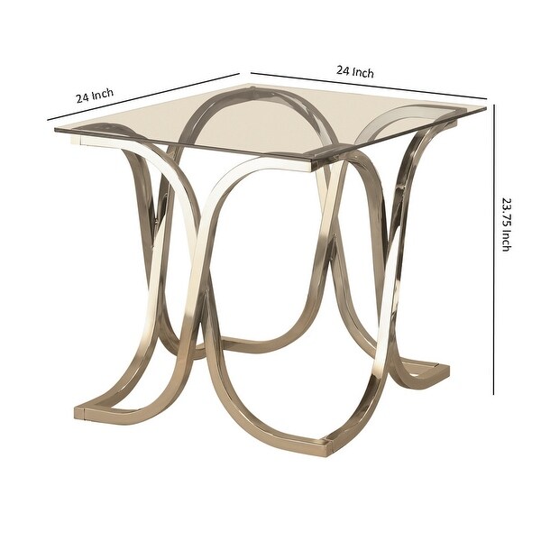 Tempered Glass Top End Table with Curved X Metal Frame， Clear and Silver