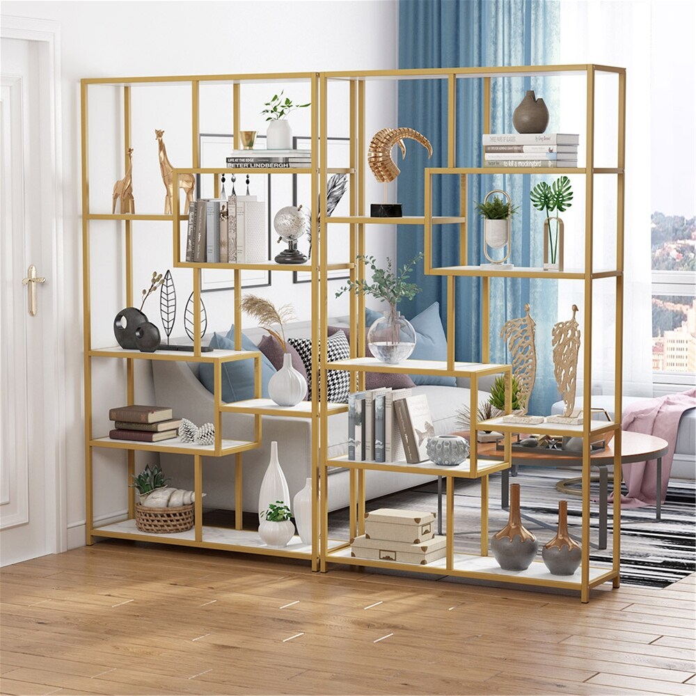 Bookshelf Bookcase  Gold 8 Open Shelf Etagere Bookcase with Faux Marble