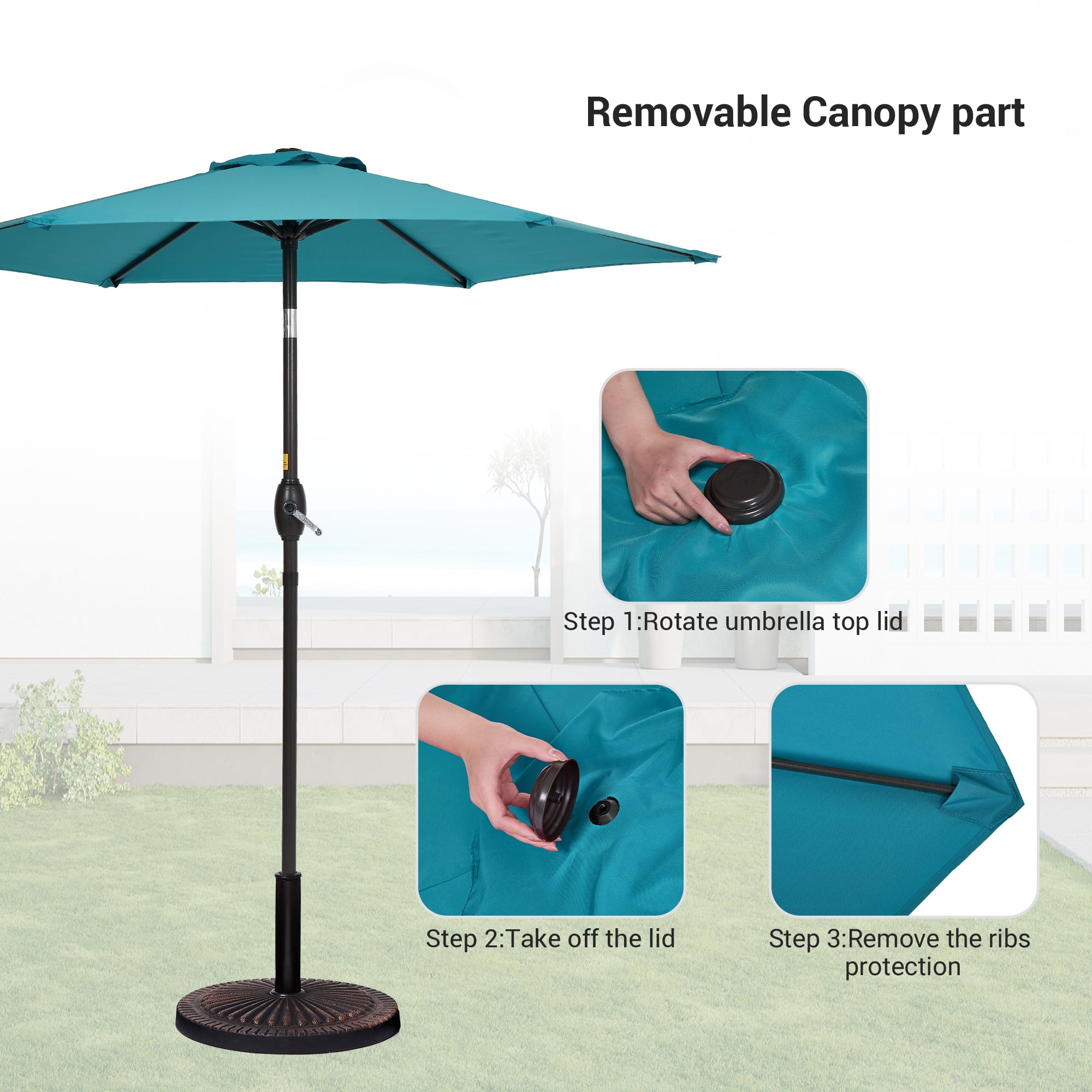 Sonerlic 7.5ft Round Patio Market Umbrella with Steel Frame, Outdoor Table Umbrella for Yard, Poolside and Deck, Turquoise