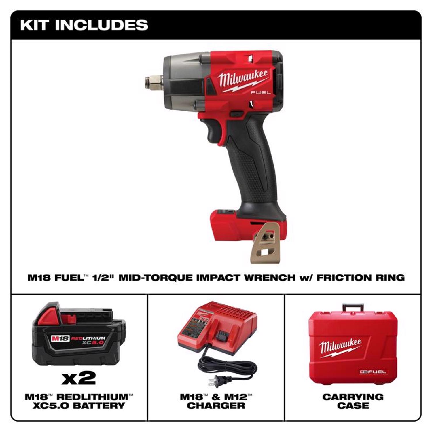 MW M18 FUEL 18 V 1/2 in. Cordless Brushless Mid-Range Impact Wrench Kit (Battery \u0026 Charger)