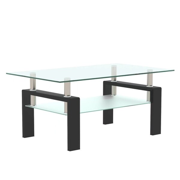 2-Tier Rectangle Black Glass Coffee Table， Clear Coffee Table，Modern Side Center Tables for Living Room， Office Furniture