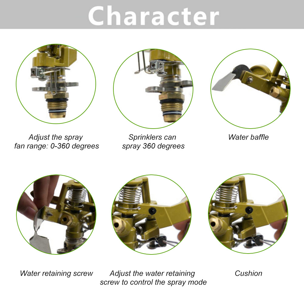 0°-360° Kirsite Adjustable Pattern Rain Bird Garden Impact Sprinkler Agricultural Lawn Brass Spray 4' Nozzle 10-15M Water Distance