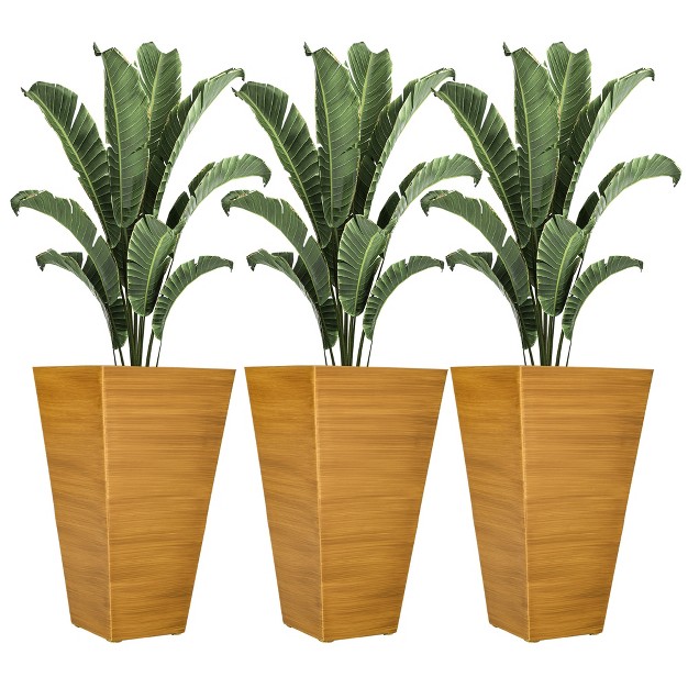 Tall Outdoor Planters Set Of 3 Large Taper Planters With Drainage Holes And Plug Faux Wood Plastic Flower Pots Tan