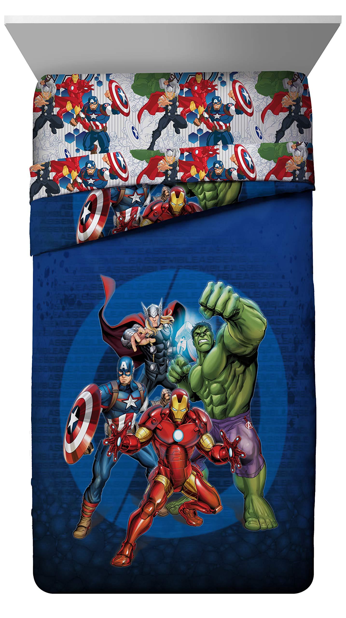 Avengers Collection Cartoon Superhero 5 Pieces Kids Full Bed Set, 100% Microfiber, Blue, Marvel