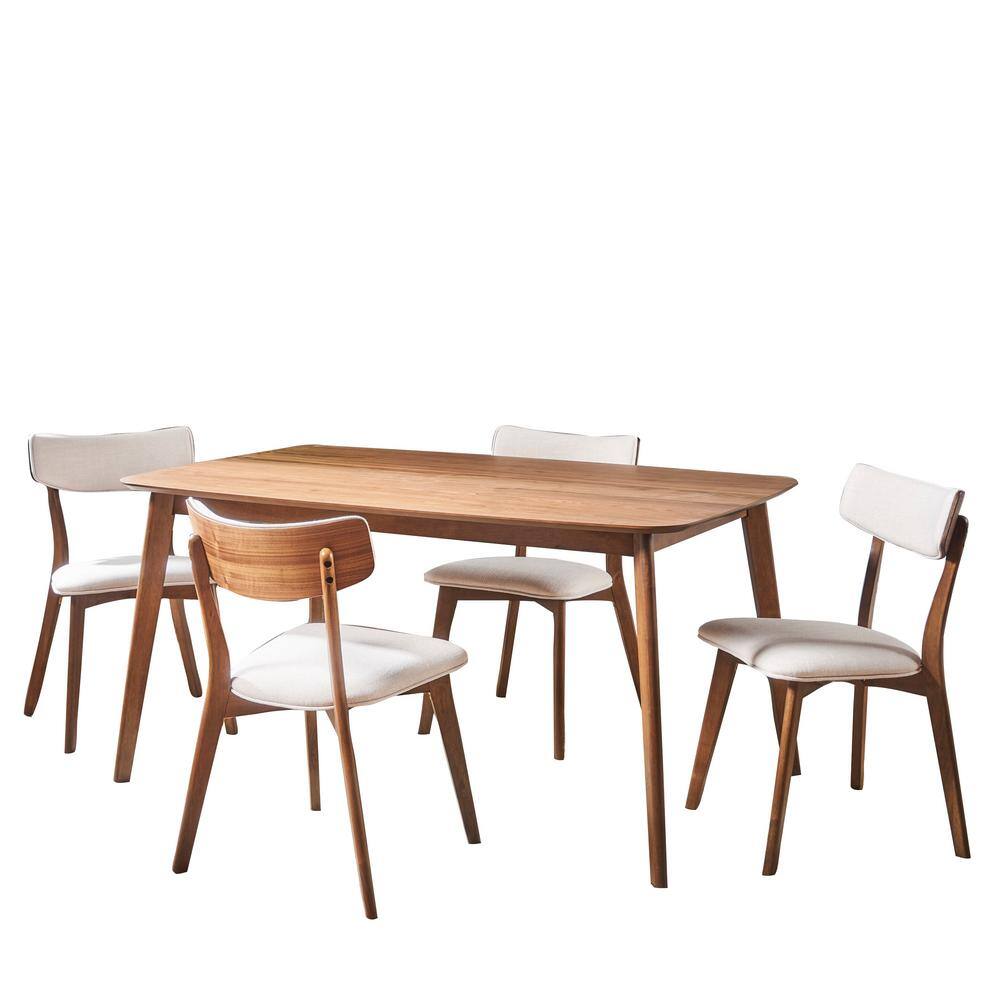 Noble House Alma 5-Piece Natural Walnut and Light Beige Dining Set 18360