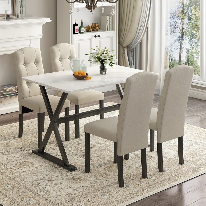 Wood Dining Table Set with Faux Marble Tabletop and 4 Chairs， 5-Piece Dining Set