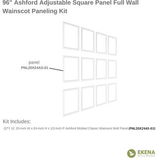 Ekena Millwork 94 12 in. (Adjustable 96 in. to 120 in.) 63 sq. ft. Polyurethane Ashford Square Full Wall Wainscot Kit Primed WPKUFW021P096